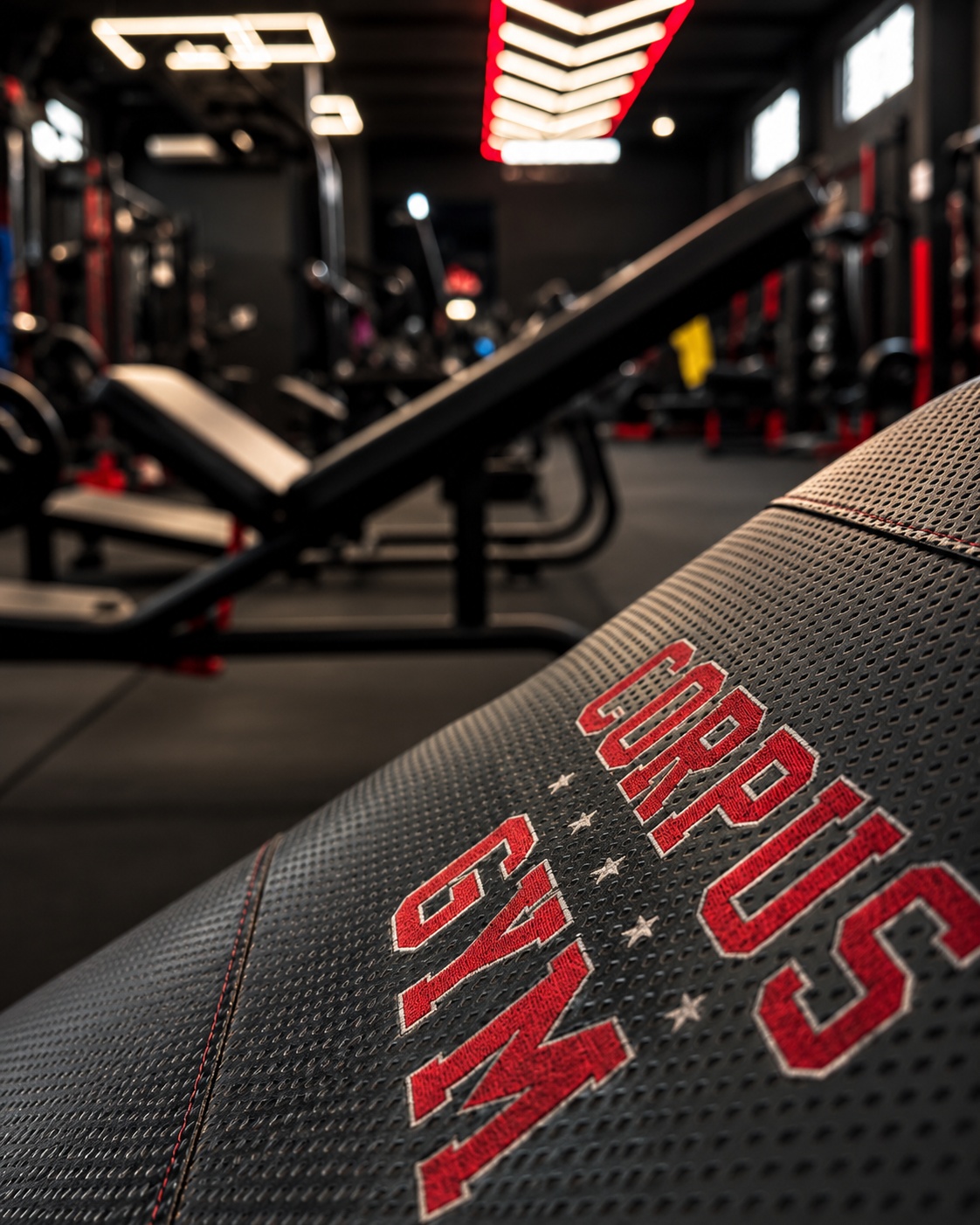 Banco de treino da Corpus Gym em primeiro plano